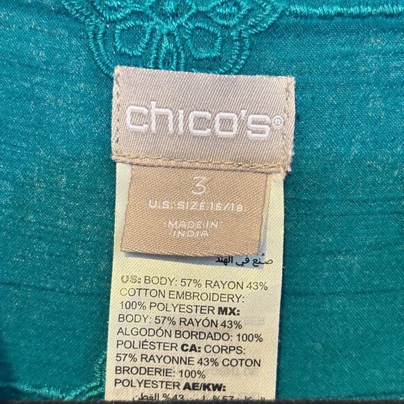 Chico's Cotton Blend Embroidered Teal Button Front Long Sleeve Tunic Top - Picture 2 of 10